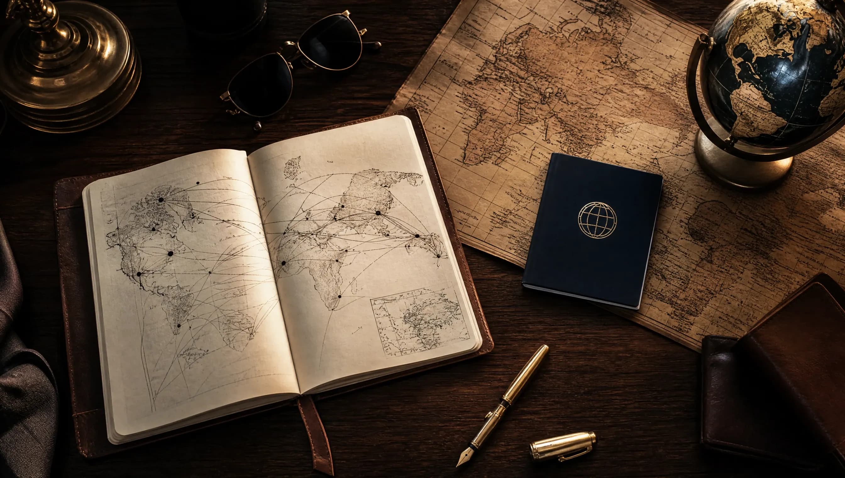 Reiseplanung mit Notizbuch, Weltkarte und Reisepass auf dunklem Schreibtisch